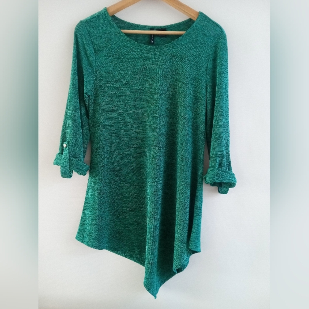 New Directions Dark Green Asymmetrical Hem Tunic Top 3/4 Roll-Tab Sleeve Size M
